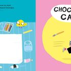 Links steht: "One day, I was just about to start...". Rechts: "CHOCOLATE CAKE!". Ein Mädchen mit Mütze rennt auf rosa Hintergrund.