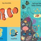 Illustration mit Meeresleben: "What can you spot?", "Let's go home, baby clownfish", "You're home!". Clownfische, Korallen, Tintenfisch.