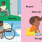 "Need to pee? Let's try." "Get the potty." "No pee? That's ok! Try again later." Eine Illustration von einem Kind und Erwachsenem.