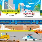 „This is a helicopter“, „This is a bus“, „This is an ambulance“ sind einige der Texte. Das Bild ist eine bunt illustrierte Stadt mit verschiedenen Fahrzeugen: Feuerwehrauto, Zug, Fahrrad, Bagger.