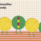 Text: "This little caterpillar has a fuzzy body." Illustration einer Raupe auf kariertem Hintergrund mit bunten Kreisen.