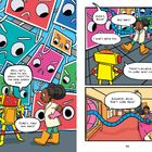 Illustration mit bunten Quadraten, Robotern und einer Figur in einem weißen Kittel. Sprechblasen mit Dialogen.