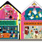 Ee: E is for EYEBALLS. Gg: G is for GHOSTS. Ff: F is for FULL MOON. Hh: H is for HAUNTED. Illustration von zwei Geschäften.