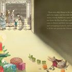 Rechts Text über Weihnachtsgeschenke. Links ein geschmückter Baum, Geschenke, ein Stoffhase und Gäste. Kinderbuchillustration.