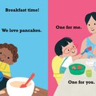Links: "Breakfast time! We love pancakes." Eine Person und ein Kind backen Pfannkuchen. Rechts: "Yummy fruit. One for me. One for you." Eine Familie am Tisch mit Erdbeeren. Illustrationen.