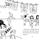 „The pizza is ready!“ ruft Aunty Temi. Kinder tanzen. Luftballons und T-Shirts mit Motiven hängen an einer Leine.