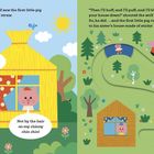 Text: "One day, the Big Bad Wolf saw the first little pig inside the house made of straw." Illustration zeigt Wolf und ein Strohhaus.