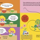 Eine Illustration zeigt Goldlöckchen, die Brei probiert. Texte: "zu heiß," "zu kalt," "genau richtig." Später bricht ein Stuhl.