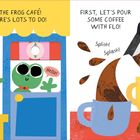 Links Begrüßung im Frosch-Café, bunter Frosch balanciert Tassen. Rechts Frosch gießt Kaffee ein.