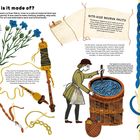 "What is it made of?" Einführung in die Herstellung des Bayeux-Teppichs mit Leinen und gefärbter Wolle. Illustrationen von Pflanzen und Arbeitsprozessen.