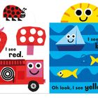 "I see red." mit Erdbeere und Feuerwehrauto. "I see blue." mit Segelboot und Meer. "Oh look, I see yellow, too!" mit Fisch.