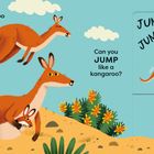 Text: „Jump like a kangaroo on big back feet.“ und „Can you JUMP like a kangaroo?“ sowie „JUMP! JUMP!“ Illustration zeigt springende Kängurus.