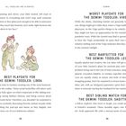 Texte: "All Toddlers Are Scorpios", "Best Playdate for the Gemini Toddler: Libra", "Worst Playdate for the Gemini Toddler: Virgo", "Best Babysitter for the Gemini Toddler: Leo", "Best Sibling Match for the Gemini Toddler: Sagittarius". 

Illustration: Zwei Kinder in grünen Latzhosen, eins steht, das andere sitzt und isst.