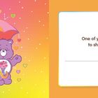 Text: "One of your favorite ways to show you care is". Illustration von zwei Bären unter einem Regenschirm mit Regenbogen.