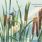 Text: "God is the bright, golden warmth of the sun, Gently waking the earth every day." Darstellungen von Libellen auf Schilf.