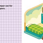 Text links: "Decorate this camper van for these happy campers." Rechts: Niedliche Illustration eines Wohnmobils mit Schlafplatz und Fahrer.