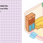 Es steht: "Time for dinner! Add the finishing touches on this cute dining room." Illustration eines gemütlichen Zimmers.