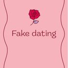 „Fake dating“ steht in roter Schrift auf einem rosa Hintergrund mit einer gezeichneten Rose darüber und einem Zierrahmen.