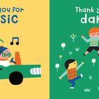 Links: „Thank you for music.“ Kinder und Katze im Auto mit Musiknoten. Rechts: „Thank you for dance.“ Kinder tanzen auf Wiese.