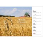 Zitat: "Pflüget ein Neues und säet nicht unter die Dornen!" Jeremiah 4:3. Links Weizenfeld mit Traktor im Hintergrund. Rechts Kalender für Juni 2027.