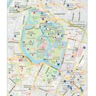 Karte von Tokio mit Kaiserpalast, umgeben von Straßen, Parks und markierten Sehenswürdigkeiten wie Museen und Theatern.