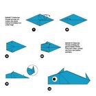 Schritt 7 bis 11 zeigen, wie man ein Delfin-Origami faltet, mit Illustrationen der blauen Papierfalten.