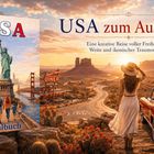 "USA zum Ausmalen. Eine kreative Reise voller Freiheit, Weite und ikonischer Traumorte." Frau neben rotem Cabrio.