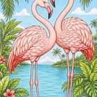 Zwei Flamingos stehen in einem klaren See, umgeben von Palmen und Blumen in einer tropischen Landschaft.