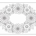 Ovale Blumenkranz-Illustration mit großen Blüten und Blättern, detailliert gezeichnet ohne Text.