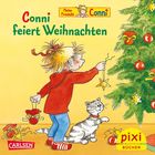 „Conni feiert Weihnachten“ steht in grüner Schrift. Conni schmückt mit einer Katze einen Weihnachtsbaum.