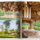 Texte: "Shelter — Pavilions — Xylem." Natürliche Holzstrukturen im Grünen, umgeben von Bäumen.