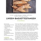 "Linsen-Baguettestangen mit Kartoffelfasern" steht oben. Bild zeigt 6 knusprige Baguettes auf Holzbrett. Rezepte und Zutaten.