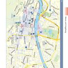 Text: "Aus der Stadtgeschichte 133", "Meran und Umgebung", "Meran". Illustration einer Stadtkarte mit Straßen und Fluss.