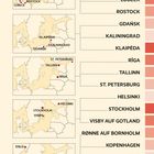Texte: Länder und Leute, Kiel, Lübeck, Rostock, Gdańsk, Kaliningrad, Klaipėda, Riga, Tallinn, Helsinki, Stockholm, Visby, Bornholm, Kopenhagen, Oslo, Reisetipps, Sprachführer.  
Karte mit Städten an der Ostsee.