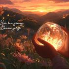 „Ich bin genug. Genau jetzt.“ Zwei Hände halten eine leuchtende Glaskugel in einer Blumenwiese bei Sonnenuntergang.