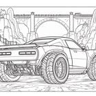 Ein sportliches Auto mit breiten Reifen steht vor einer Brücke in einer felsigen Landschaft. Drahtlinien betonen das Design.