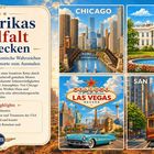 „Amerikas Vielfalt entdecken.“ Motiv: Städte-Illustrationen - Chicago, Las Vegas, San Francisco. Malbuch-Beschreibung.