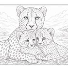 Illustration: Ein Gepard mit zwei Jungtieren, umgeben von Gräsern und Bäumen unter einem bewölkten Himmel.