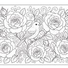 Illustration eines Vogels auf einem Zweig, umgeben von großen Rosen und verschnörkelten Blättern.