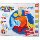 "Art & Fun Creative! Elephan-Dough, 150 g, 8 pcs, 3+." Bunte Modelliermasse-Box mit Elefantenmotiv, Zubehör und Farbtöpfen.