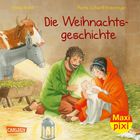 Die Weihnachtsgeschichte. Illustration von Menschen, Tieren und einer Laterne in einer Krippe.