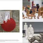 Links Text beschreibt Kunstwerke und deren Materialien. Oben links: zwei weiße Figuren auf Matratze und roten Samen. Oben rechts: Kleine Holzfiguren. Unten: Weiße Skulpturen von Personen.