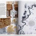 Linke Seite: Text über Aufbau und Funktion eines Pavillons namens Xylem. Rechte Seite: Luftaufnahme einer schneebedeckten Landschaft.