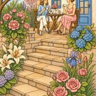 Zwei Frauen trinken Kaffee an einem Holztisch vor einem Haus, umgeben von blühenden Blumen und einer Treppe.
