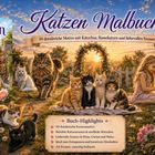 "Katzen Malbuch: 50 Motive. Ein Mädchen sitzt im Garten, umgeben von Katzen, vor einem bunten Himmel."