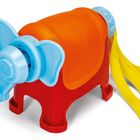 Spielzeug in bunten Farben: roter Körper, orange Decke, blaue Ohren und gelber Schwanz; sieht aus wie ein Elefant.
