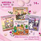 HIKARU KOTZ Cozy Coloring, 14+, vier bunte Cover, liebevolle Tierillustrationen, auf rosa Hintergrund mit Blumen.