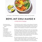 "BOWL MIT CHILI-MANGO" und "fruchtig-scharfes Vergnügen" stehen hervor. Zutatenliste und Zubereitungstipps folgen.