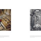 Links ein farbiges Foto eines Altars mit Kerzenständern auf Fliesenboden. Rechts ein Schwarz-Weiß-Bild einer dekorierten Säule.