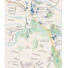 Karte von Nairobis Innenstadt mit Straßen, Gebäuden und Sehenswürdigkeiten. Orte wie "State House" und "Nairobi River".